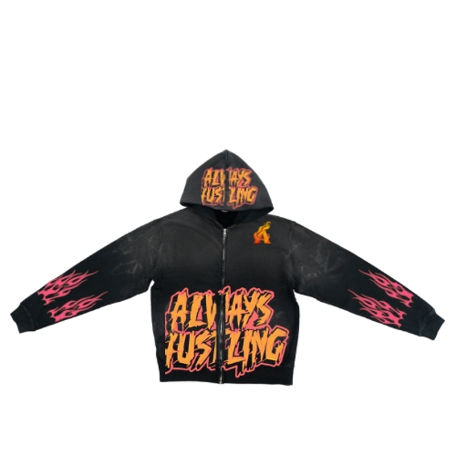 BLACK ALWAYS HUSTLING ZIP UP FRONT HOODIE